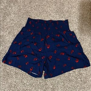 Navy Blue Women's Shorts with Red Cherry Pattern